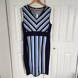 New York & Company Blue Striped Sleeveless V-Neck Knit Dress